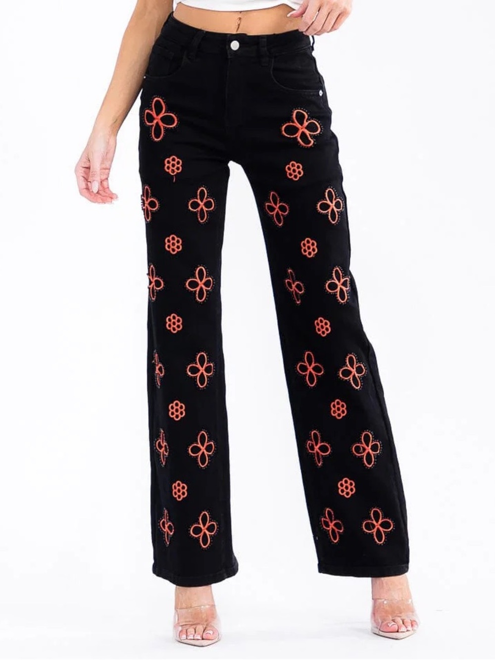 Blogger favorite Black Embroidered Straight Leg High Waist Statement Jeans - Picture 4 of 6
